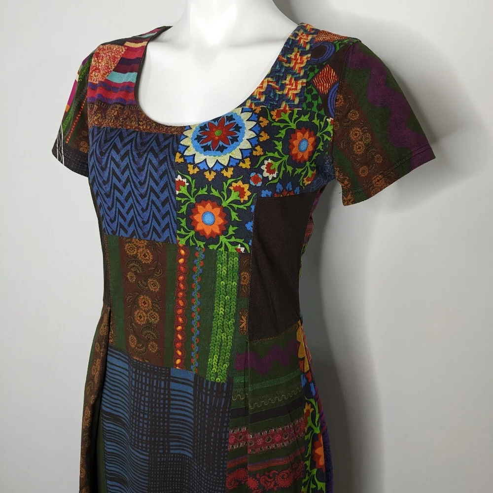 Desigual colorful patchwork pattern short sleeve dress L - Picture 2 of 9